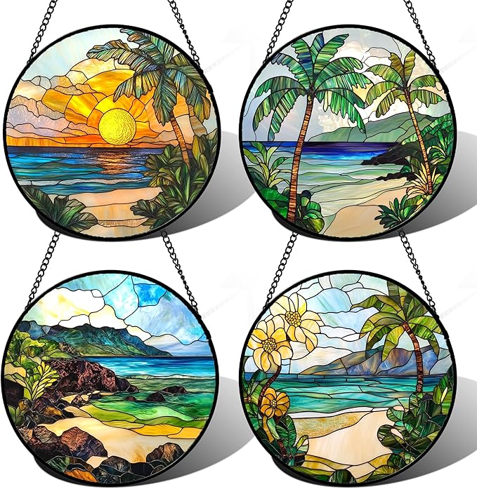 DASTOLL Stained Glass Window Hanging 4 Pcs Set Blue Ocean Coconut Tree Scenery