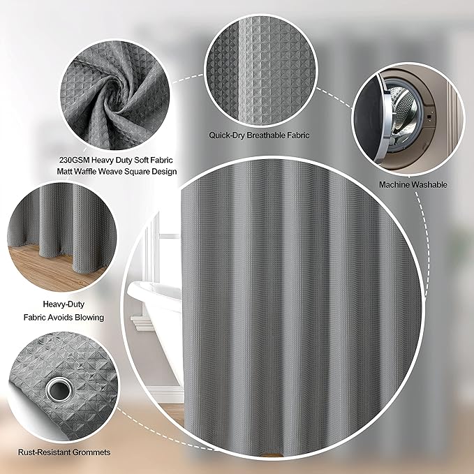 MISS SELECTEX Fabirc Shower Curtain for Bathroom, 230GSM Matt Waffle Water Repellent Durable Fabric Spa Hotel Shower Curtain, Machine Washable Cloth Shower Curtain(72Wx72H,Grey)