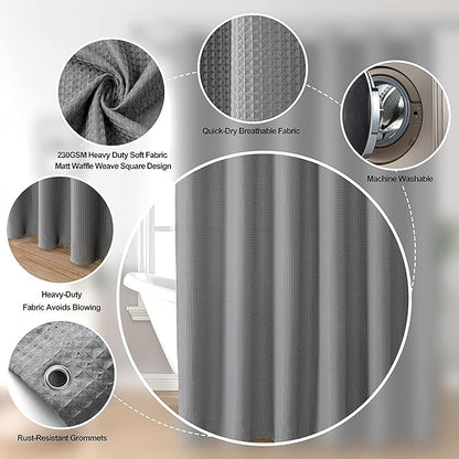 MISS SELECTEX Fabirc Shower Curtain for Bathroom, 230GSM Matt Waffle Water Repellent Durable Fabric Spa Hotel Shower Curtain, Machine Washable Cloth Shower Curtain(72Wx72H,Grey)