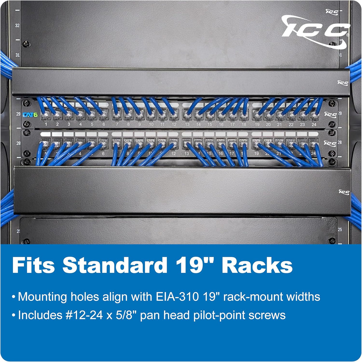 ICC 2U Ring Cable Manager Panel with Cover, Metal, 3" D-Rings, Horizontal Cable Management, Rackmount for 19” Network Racks, Black, 6-Pack