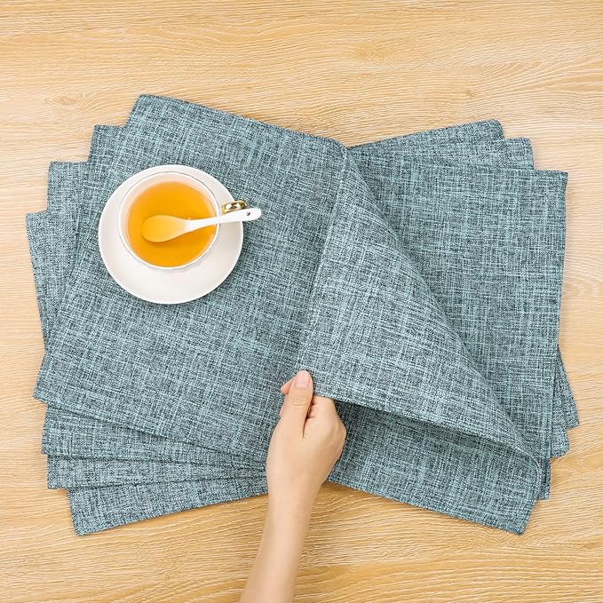 SHACOS Washable Fabric Placemats Set of 4 Heat Resistant Double Layer Cloth Table Mats Non Slip Farmhouse Place Mats, Blue Grey