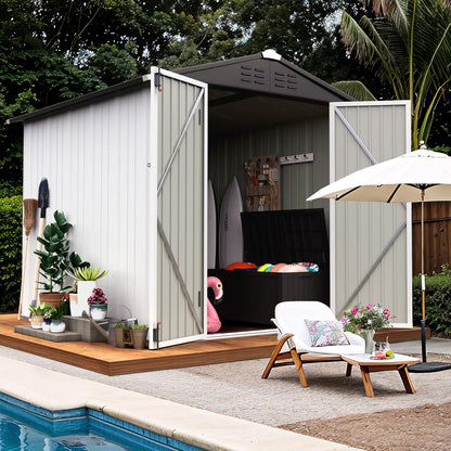 Flamaker 6x8 FT Storage Shed Waterproof Metal Garden Shed with Lockable Door Utility Tool Shed Outdoor Storage for Backyard, Patio and Lawn, White