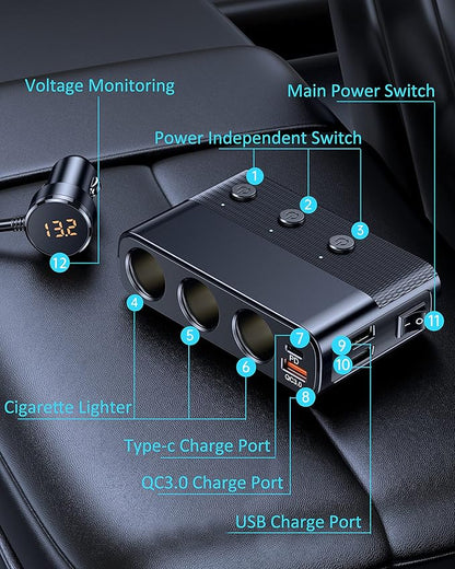 LIHAN 7-1 Cigarette Lighter Splitter,12V/24V Car Charger Adapter with 3 Socket Expander,PD30W Type-C,QC3.0 & Dual USB Ports,Independent Switches,Voltage Display,3.3FT Extension Cord fit Truck RV SUV