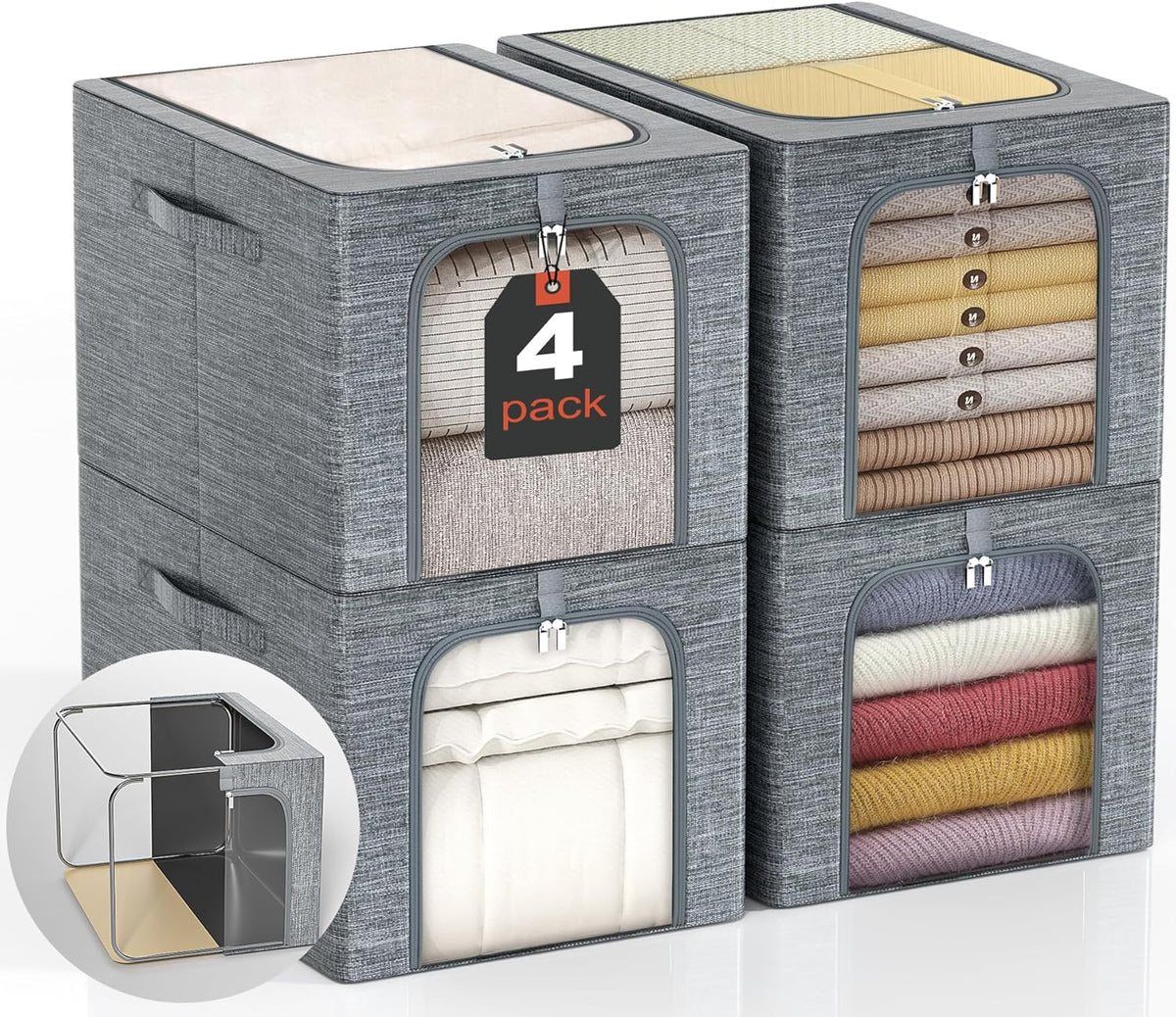 GoMaihe Clothes Storage Bin with Metal Frame: 4-Pack Stackable Closet Storage Bin with Lid & Clear Window, Sweater Boxes Storage for Closet Clothing Bedding Storage Organizer 40L