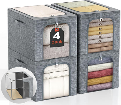 GoMaihe Clothes Storage Bin with Metal Frame: 4-Pack Stackable Closet Storage Bin with Lid & Clear Window, Sweater Boxes Storage for Closet Clothing Bedding Storage Organizer 40L
