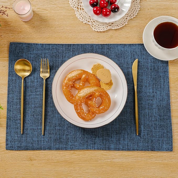 SHACOS Cloth Fabric Placemats Set of 4 Washable Non Slip Heat Resistant Table Mats Double Layer Reversible Place Mats Stain Resistant Indoor Outdoor, Dark Blue