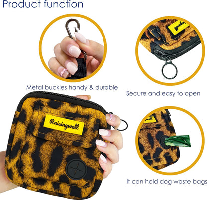 Dog Treat Pouch for Pet Walking and Training with Clicker Poop Bags and Double Bag Design Small Fanny Zipper Pack Holder for Puppy Snack Dispenser Kit for Leash and Outdoor Use Leopard Print
