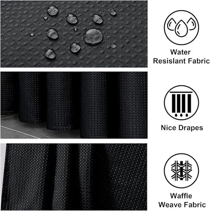 OWENIE Black Shower Curtain, Stall Small Waffle Weave Heavy Fabric Shower Curtains for Narrow Size Bathroom, Waterproof Soft Hotel Spa Luxury Bath Curtain Set, Machine Washable, Black, 36x72 Inch