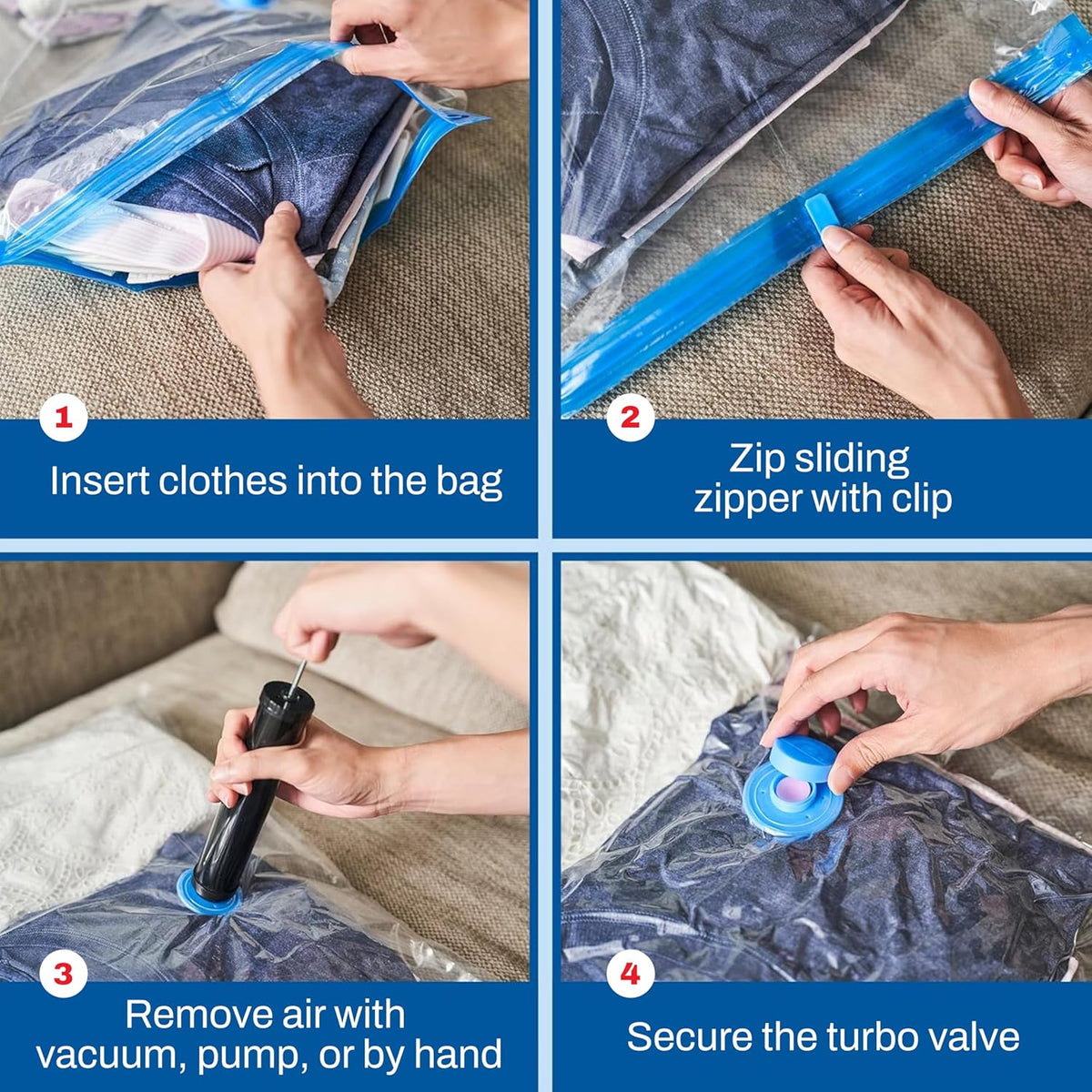 4 Pack Small Vacuum Storage Bags for Comforters, Blankets & Clothes – Vacuum Sealed Compression Bags with Hand Pump – Space Saver Storage Bags for Bedding, Moving, Travel & Organization
