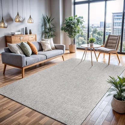 CAMILSON Easy Jute Rug 5x7 Indoor Outdoor Gray Farmhouse Area Rugs for Living Room and Kitchen Rug, Solid Boho Woven Design Easy-Cleaning Washable Outside Carpet Alfombras (5 x 7)