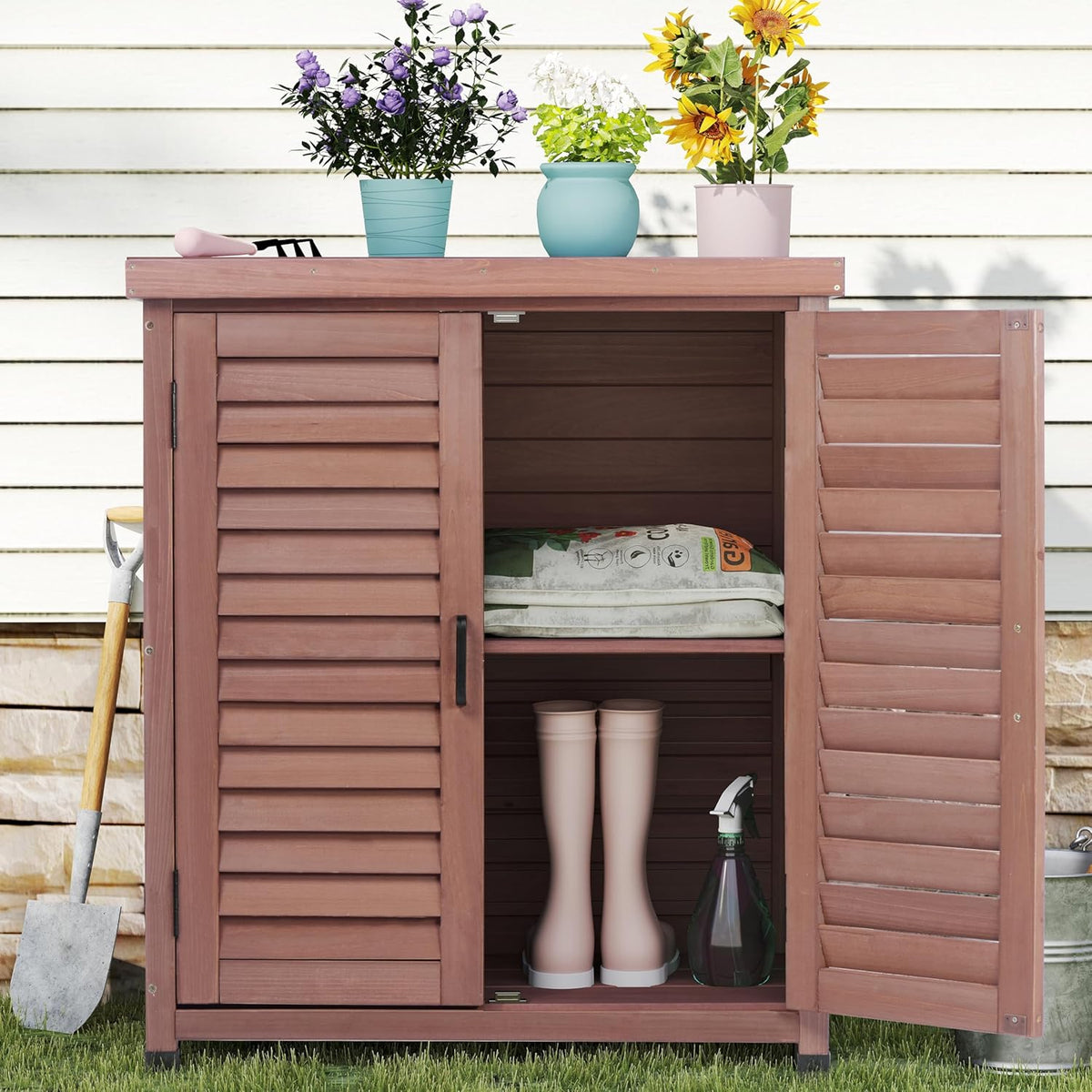 Outdoor Potting Bench with Storage Cabinet and Metal Top, Wood Workstation for Outdoor Patio, Garden (Dark Brown, 31x17x36‘’)