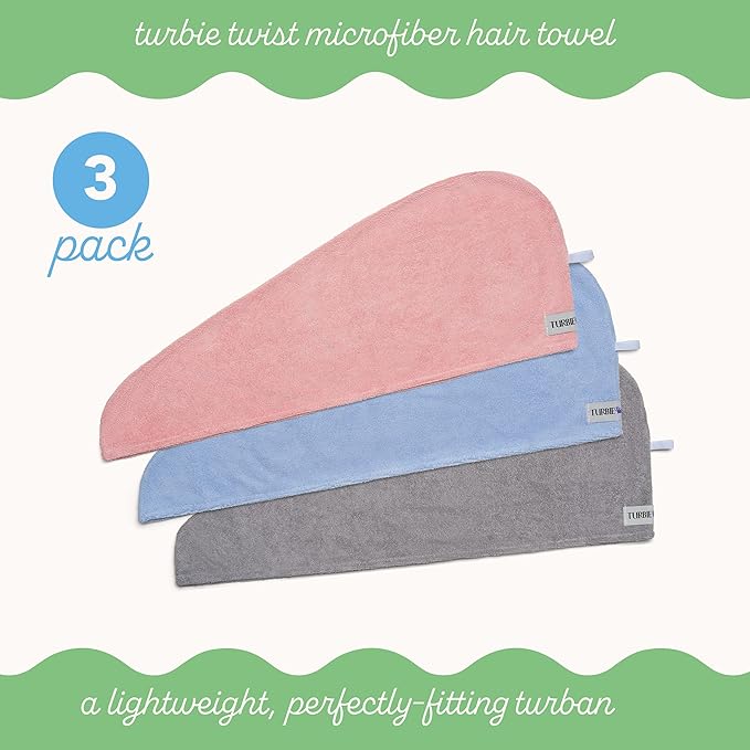 Turbie Twist 3-Pack Microfiber Hair Towel for Beauty, Travel, Gifting - Hair Wrap Turban for Straight, Wavy & Curly Hair - Premium Personal Care - Gray, Blue & Pink