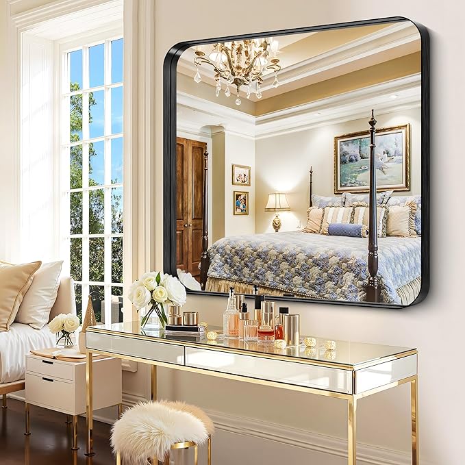 CIRCUMI Black Bathroom Mirror, Rounded Corner, Tempered Glass, Mirror