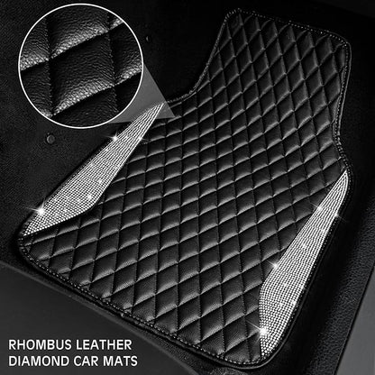 CAR PASS Bling Leather Car Mats Shining Diamond Floor Mats Crystal Rhinestone Sparkly Glitter Carpet Anti-Slip Waterproof Pad Universal Fit Automotive SUV, Sedan, Van, 5pcs Girl Women, Black Silver