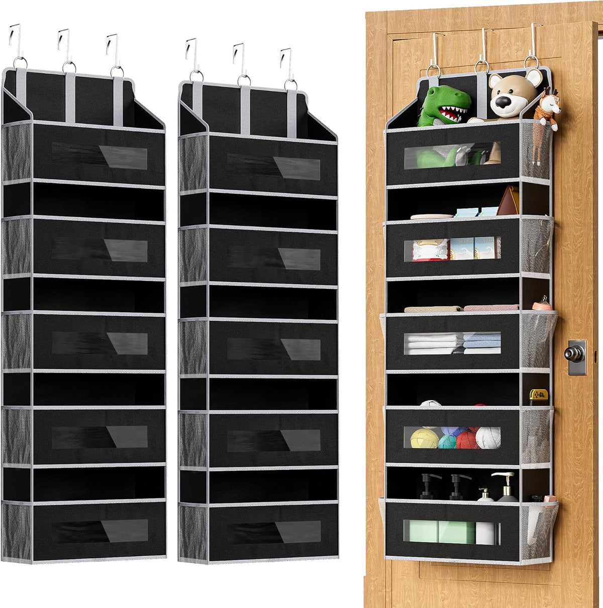 2 Packs 5-Tier Over the Door Storage Organizer with 10 Side Mesh Pockets, 48 lbs Load Capacity, 3 Hooks Design, Hanging Organizer with Clear Windows for Bathroom, Bedroom, Nursery, Kitchen-Black