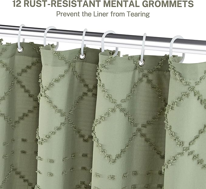 Siiluminisoy Extra Long Sage Green Boho Shower Curtain, 72 x 84 Tufted Chevron Textured Striped Modern Farmhouse Minimalist Cloth Shower Curtain for Bathroom