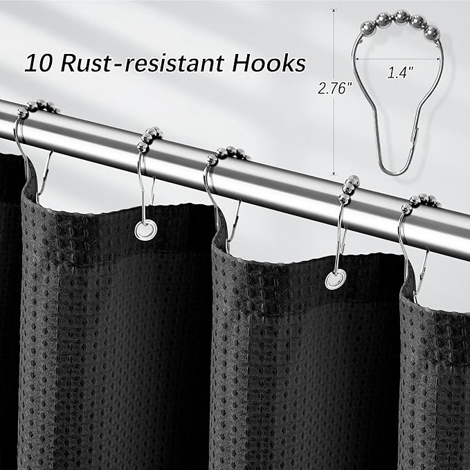PANGSINNE Black Fabric Shower Curtain for Bathroom Stall, 60 inch Waffle Weave Machine Washable Waterproof 256GSM Heavy Duty Weighted Bath Curtain Set with 10 Metal Hooks, 60Wx72H