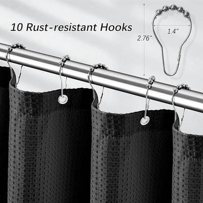 PANGSINNE Black Fabric Shower Curtain for Bathroom Stall, 60 inch Waffle Weave Machine Washable Waterproof 256GSM Heavy Duty Weighted Bath Curtain Set with 10 Metal Hooks, 60Wx72H
