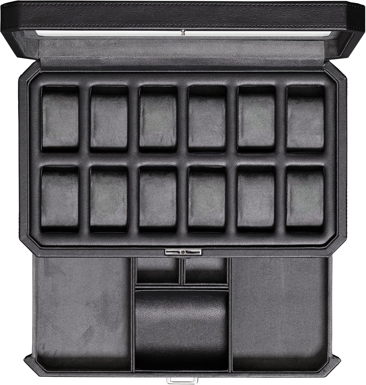 ROTHWELL 12 Slot Leather Watch Box with Valet Drawer - Luxury Watch and Jewelry Case Display Organizer, Microsuede liner, Mens Locking Storage Holder Large Glass Top (Black/Grey)
