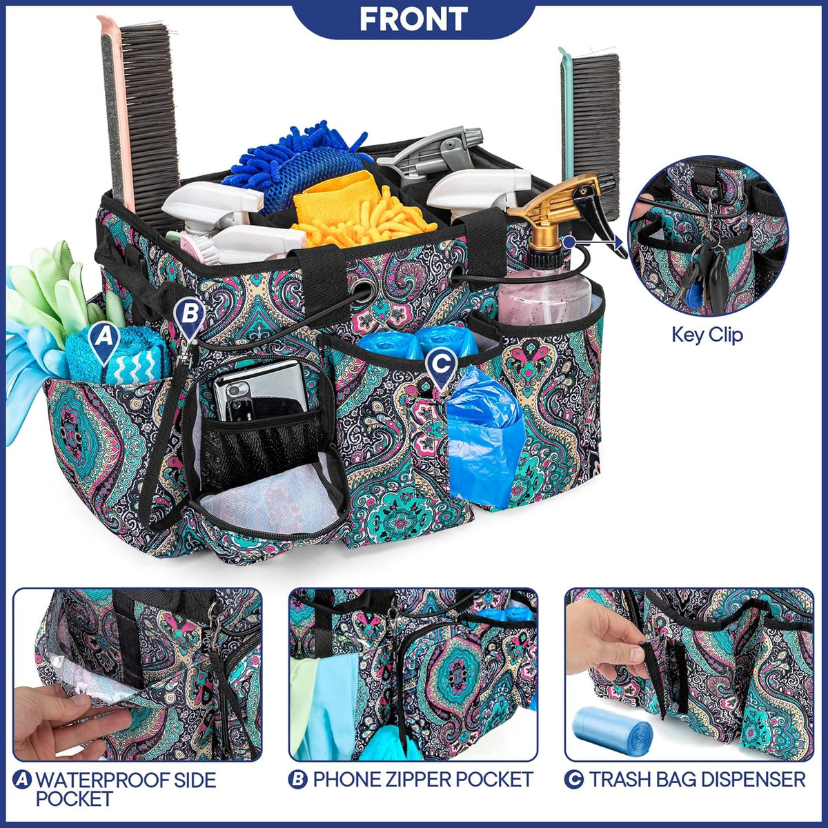 LoDrid Large Professional Cleaning Caddy with Detachable Divider, Supply Organizer with Handle and Shoulder Strap, Cleaning Bags for Housekeepers & Cleaners, Totem