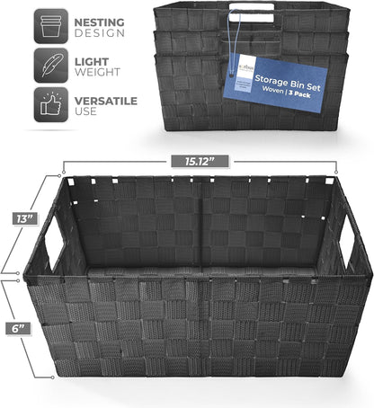 Sorbus Set of 3 Large Woven Storage Baskets – Mesh Hand-Woven Baskets for Organizing, Fabric Storage Bins for Linen Closet Organizer, Storage Baskets for Shelves and Home Organization (Black)