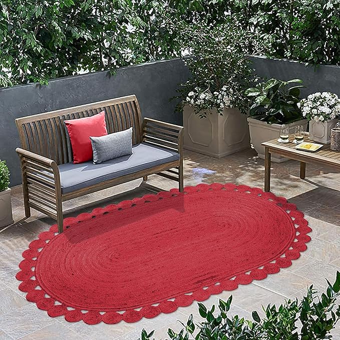 Oval Rug 10x16 Area Rug Kilim Rug Red Solid Design 0.27 inches ThickIndoor Outdoor Rug Flatweave Rug High Traffic Area Lake House Bedroom Dining Room Living Room