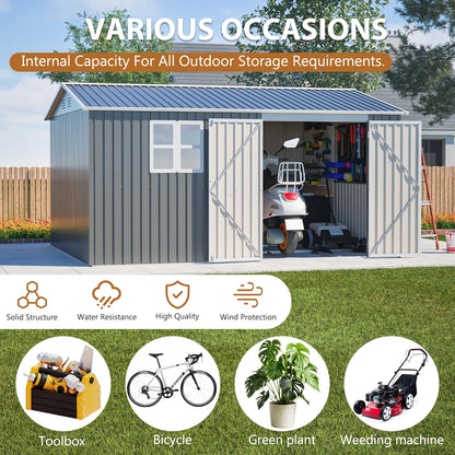 10X12 FT Outdoor Storage Shed Heavy-Duty Metal Sheds & Outdoor Storage with Floor Frame, Rustic Style Window and Lockable Doors Bright and Spacious Tool Sheds for Backyard Garden Patio Lawn, Gray