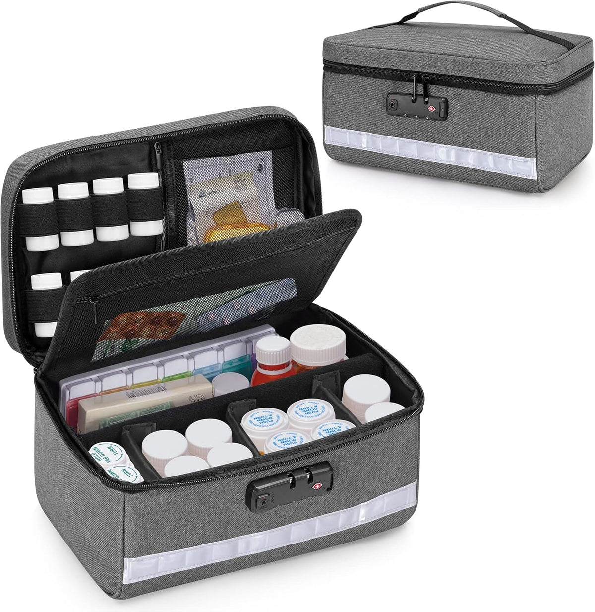 Damero Locking Pill Bottle Organizer with Inner Dividers, Medicine Storage and Organizer Bag Combination Lock for Medicine, Vitamins and Medical Supplies, Gray