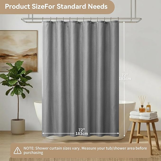 Lameirose Grey Shower Curtain and Liner Set, 3 in 1 Waffle Shower Curtain Set with 12 Double Sided Shower Curtain Hooks, Fabric Shower Curtains for Bathroom 72 x 72