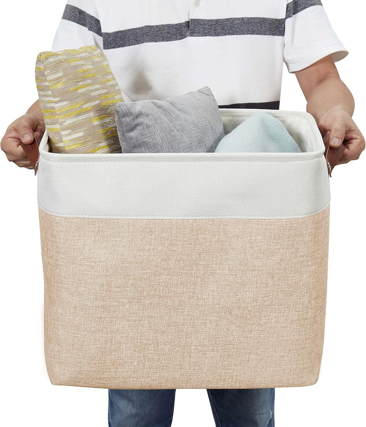 DECOMOMO Extra Large Storage Baskets, 54.5L Fabric Storage Bins for Organizing Linen Closet, Nursery (Khaki & White, XXXL - 3 pack)