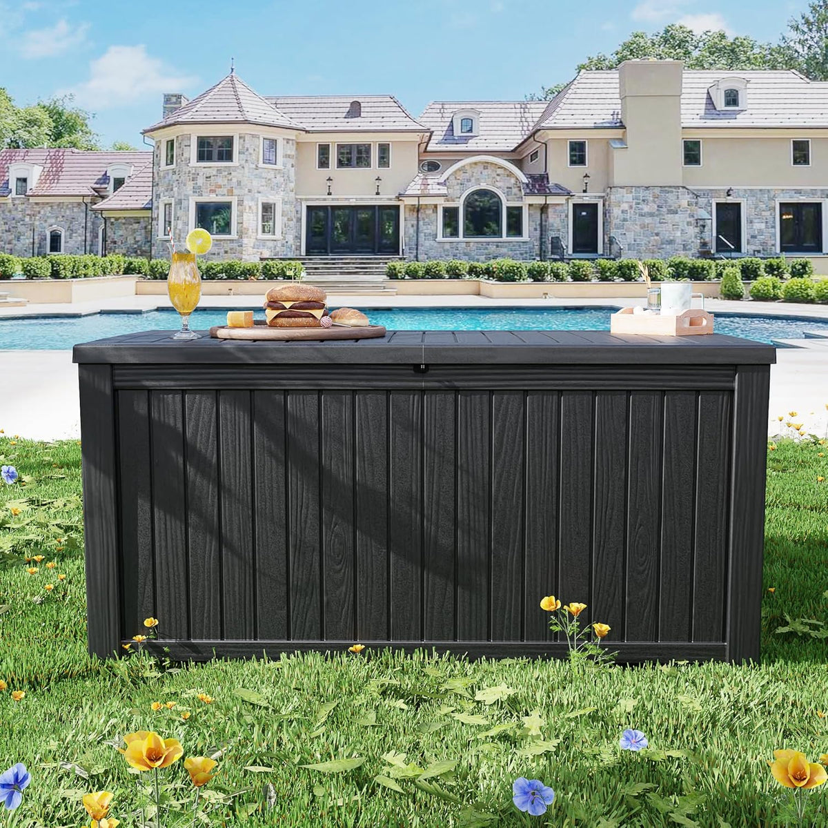 200 Gallon Outdoor Storage Box Waterproof Lockable Resin Deck Box Large, Patio Storage Bin for Pool Accessories Cushion Furniture, Garden Tools, UV-Resistant Outside Delivery Black
