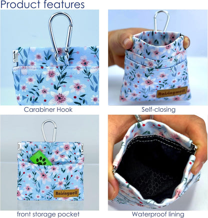 Dog Treat Pouch, Small Cotton Pocket Sized Training Holder, Hand Free Walking Fanny Bag with Carabiner, Self-Closing Pet Feed Snack Reward, Behavior Aids for Puppy Travel or Outdoor Use