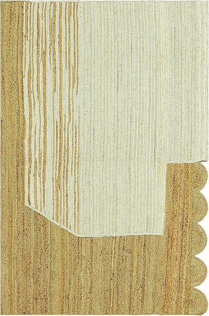 Scalloped Edge Rug, Hand Woven Natural Jute Area Rug, 8x8 Ft Square Beige & Brown Braided Kilim Rugs for Living Room, Kitchen, Entryway, Farmhouse