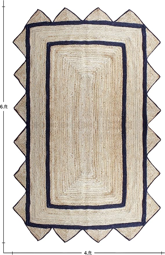 Scalloped Jute Rug, Hand Woven Runner Area Rug, 3x10 Ft Beige & Black Braided Natural Sisal Kilim Rugs for Living Room, Kitchen, Entryway, Farmhouse