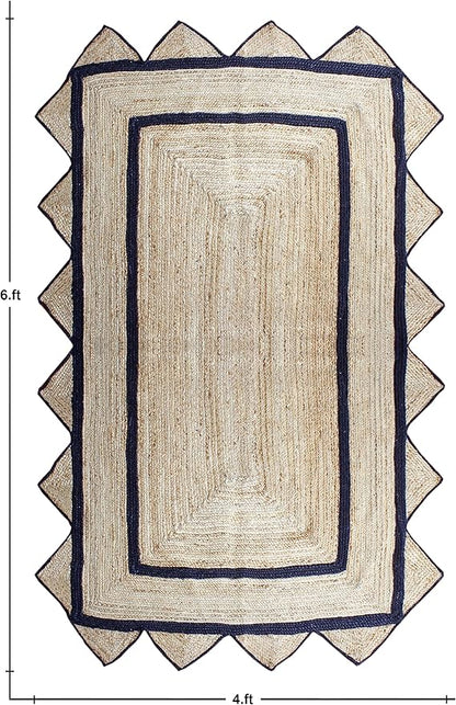 Scalloped Jute Rug, Hand Woven Runner Area Rug, 3x10 Ft Beige & Black Braided Natural Sisal Kilim Rugs for Living Room, Kitchen, Entryway, Farmhouse