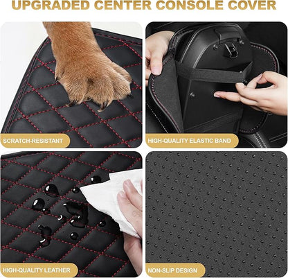 Center Console Cover for TSX: Armrest Cover for Car with 2 Storage Bags - Scratch & Wear Resistant & Waterproof Leather Console Cover,Anti-Scratch Auto Armrest Pad Accessory （Black&Red