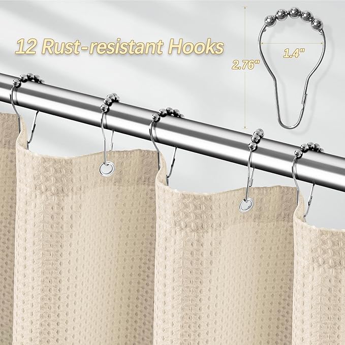 PANGSINNE Beige Fabric Shower Curtain - Waffle Textured Heavy Duty Shower Curtains for Bathroom, 256GSM Hotel Spa Luxury Weighted Bath Curtain with 12 Hooks, 72x72, Beige