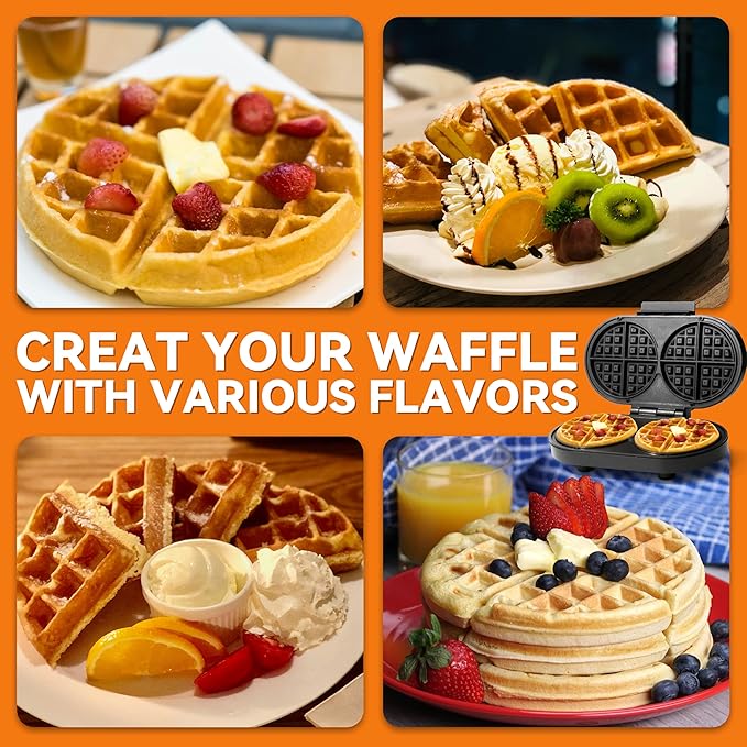 Baker’s Friend Double Belgian Waffle Maker Thick, 2 X 6” Round Waffle Maker
