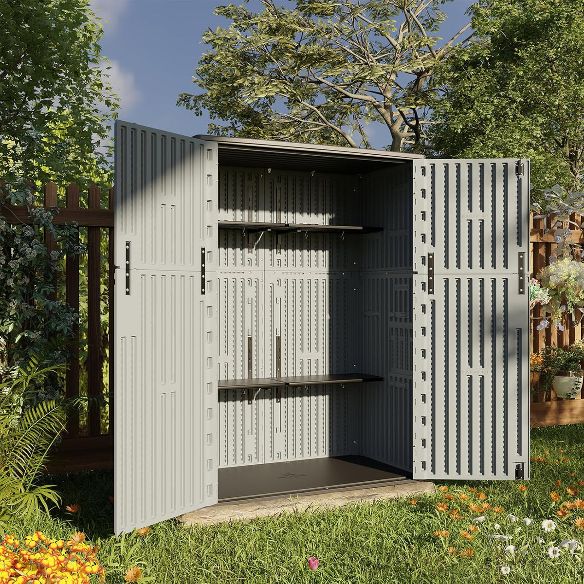 HOMSPARK Outdoor Storage Shed Weather Resistance, Patio Storage Cabinet Lockable Resin Tool Shed for Storage of Bike, Trash Cans, Garden Tools (Light Gray, 66 Cu.ft)