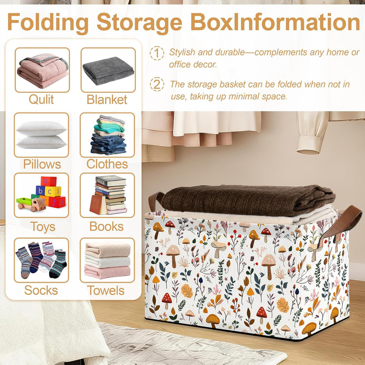 Decorative 32L Mushroom Storage Bins with Handles, Organization and Storage, Cube Storage Organizer for Hamper, Nursery