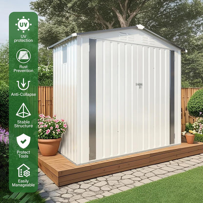 Metal Storage Shed, 6X3.6 FT Lockable Outdoor Tool Shed with Air Vent and Clear Windows, Galvanized Steel Garden Shed for Backyard, Patio, Garden, Bike Storage or Outdoor Use, White