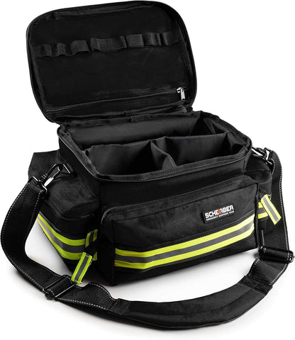 Scherber First Responder Fully-Stocked Professional Essentials EMT/EMS Trauma Kit | HSA/FSA Approved | Reflective Bag w/8 Zippered Pockets & Compartments & 200+ First Aid Supplies - Black