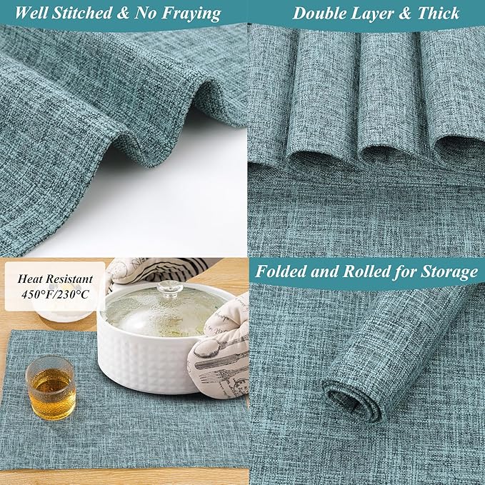 SHACOS Washable Fabric Placemats Set of 4 Heat Resistant Double Layer Cloth Table Mats Non Slip Farmhouse Place Mats, Blue Grey
