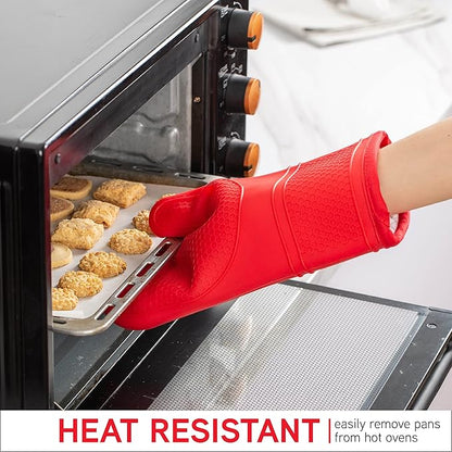COOK WITH COLOR Silicone Oven Mitts- Heat Resistant Gloves with Soft Quilted Lining Oven Mitt Pot Holders for Cooking and BBQ, Red, Mitt Set
