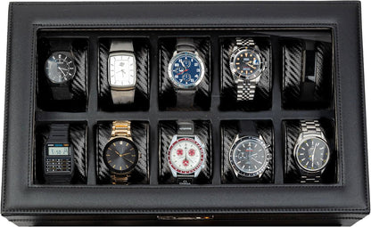 HOUNDSBAY Mariner Watch Box for Large Watches, PU Leather Watch Organizer, Black Carbon Fiber Watch Case Box Men