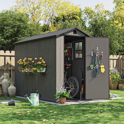 Patiowell 4 x 8 FT Plastic Outdoor Storage Shed with Floor, Garden Tool Shed with Two Windows and Single Lockable Door for Garden, Backyard, Lawn, Easy to Install (Dark Grey) (Fit-it Shed)