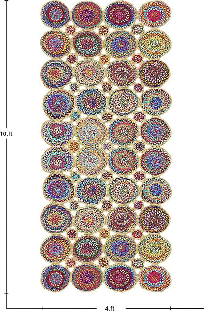 Scalloped Edge Rug, Hand Woven Natural Chindi Cotton and Jute Area Rug, 5x7 Ft Beige & Multicolor Braided Kilim Rugs for Living Room, Kitchen, Entryway, Farmhouse