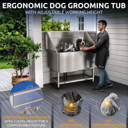 KANIS Professional Dog Washing Station - 304 Stainless Steel Pet Wash Sink & Grooming Bathtub w/Shower, Floor Grates and Storage for Large, Medium & Small Pets (50", Shelf - Left Ramp)