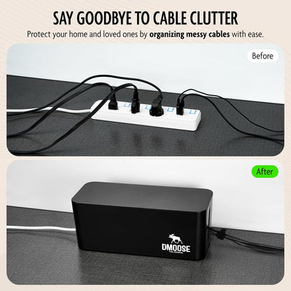 DMoose Cable Management Box - 2 Pack Medium & Large Cord Organizer for Desk & Floor, Cable Organizer Box for Child & Pet - Cable Box Hider for Tidy Office & Home, Power Strip Cover (Black - Pack of 2)