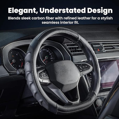 Carbon Fiber D Shaped Steering Wheel Cover – Universal 15 Inch (14.5-15″) Flat Bottom Steering Wheel Cover – Non Slip Leather Grip with Gel Comfort Padding – Sporty Design for Cars, SUVs & Trucks